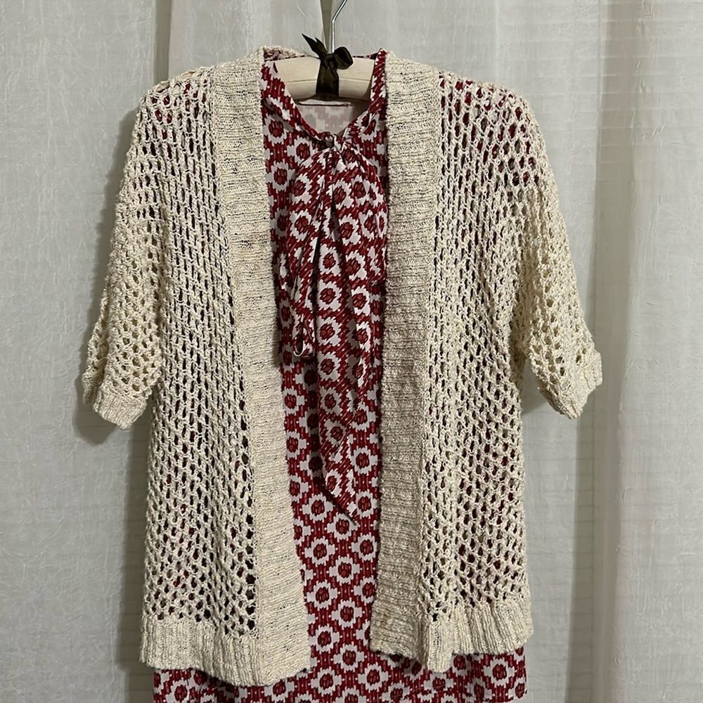 Chico’s 1 S Ivory Metallic Eyelet Knit Crochet Open Front Short Sleeve Cardigan